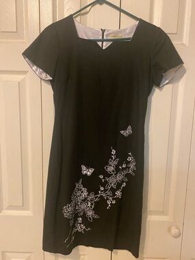 Studio I Black Midi Dress with White Floral & Butterfly Embroidery